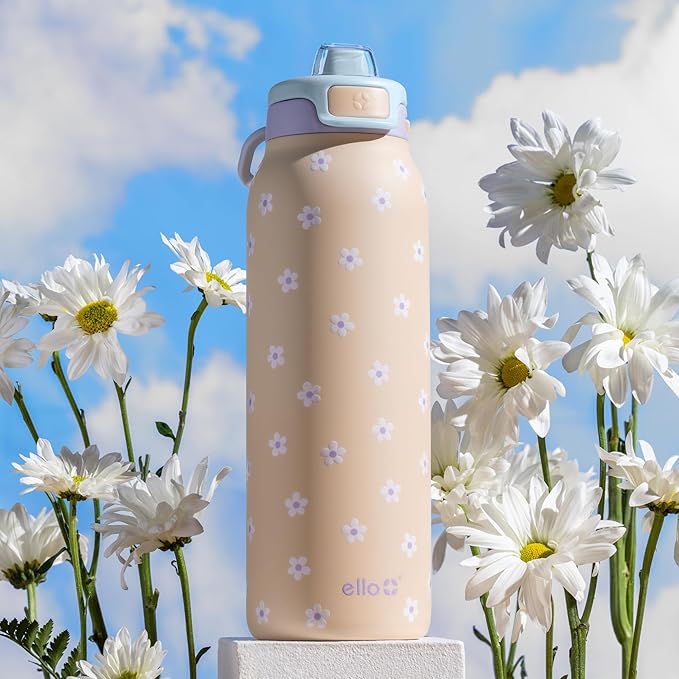 Ello Pop & Fill 22oz Stainless Steel Water Bottle with Quick Fill Technology, Double Walled and Vacuum Insulated Metal, Leak Proof Locking Lid, Sip and Chug, Reusable, BPA Free, Gloss Daisies