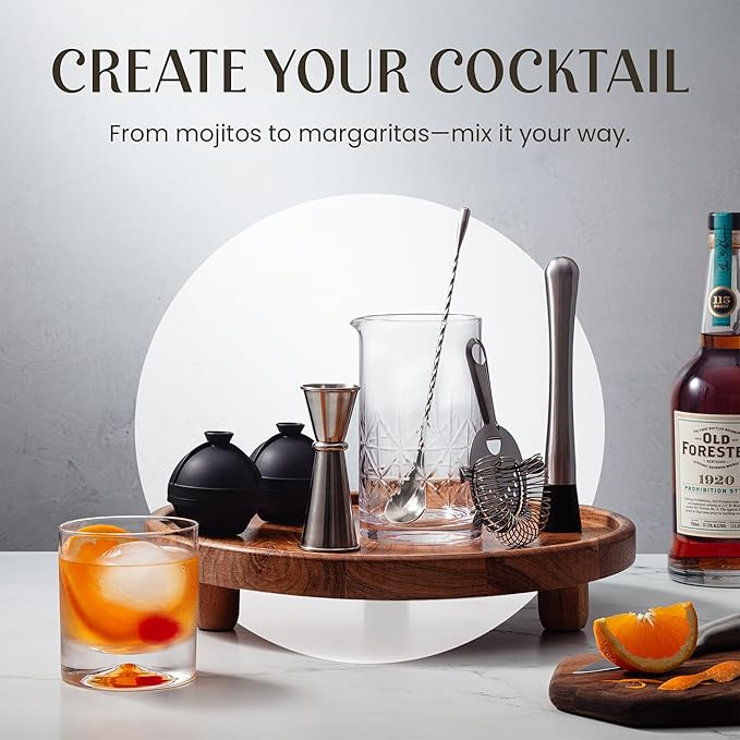 Mixology & Craft Commercial Grade Bar Mixing Glass – Includes 24oz Crystal Stirring Glass, Japanese Jigger, Bar Spoon, Muddler, and Hawthorne Strainer for Crafting Old Fashioned Cocktails at Home Bars