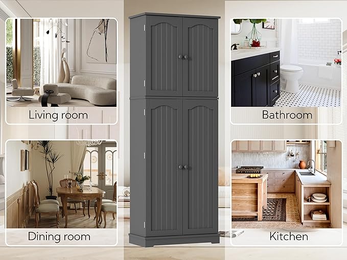 Yusong 64'' Grey Kitchen Storage Cabinet, Tall Pantry Cabinet with Doors and Shelves, 17 Cubic Feet, Freestanding for Kitchen, Dining, Living Room