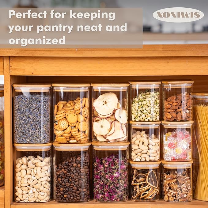 26oz 6PCS Rectangle Glass Pantry Containers with Lids, Glass Jars with Lids, Clear Food Storage Jars, Small Canister for Salt, Pepper, Spices, Nuts, Loose Tea, Coffee, Sugar, Candy