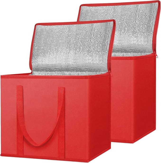 BALEINE 2Pk Insulated Reusable Grocery Bags, Collapsible Cooler Bag for Groceries, Heavy Duty Large Insulated Bag (16''x9''x13'', Bright Red)