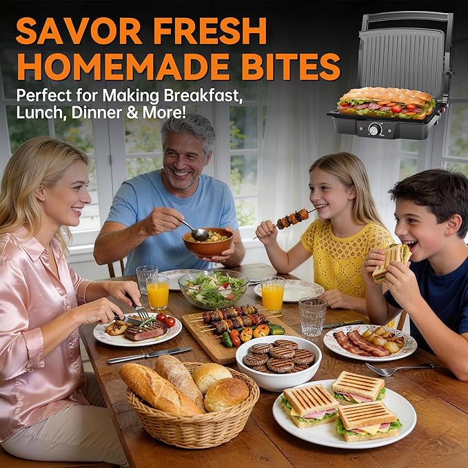 Baker’s Friend Panini Grill Press Sandwich Maker, 4-Slices Panini Press Maker, Grill Cheese Sandwich Maker, Indoor Grill Electric, Non Stick Surfaces, Stainless Steel