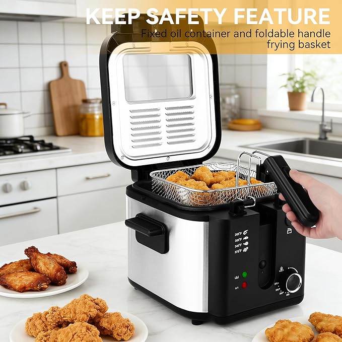 Pukomc Electric Deep Fryer with Basket,Adjustable Temperature Frying Pot for Home Use,Removable Lid and 2.5L Non-Stick Inner Pot & Easy to Clean