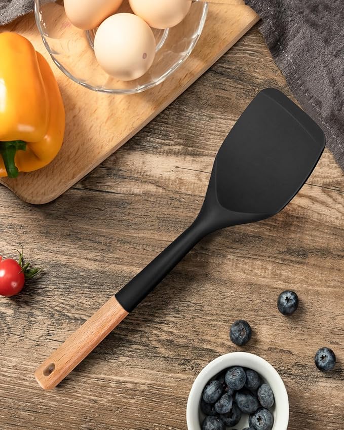 Nonstick Silicone Spatula, Non Scratch Flexible Edge for Pans, Slip Resistant comfortable Wooden Handle, Heat Resistant BPA-Free Kitchen Spatulas for Cooking, 13.2 Inch, BLACK