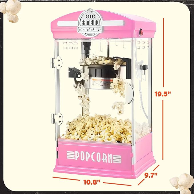 Big Bambino Popcorn Machine - Old-Fashioned Popcorn Maker with 4-Oz Kettle, Measuring Cups, Scoop, and Serving Cups by Great Northern Popcorn (Pink)
