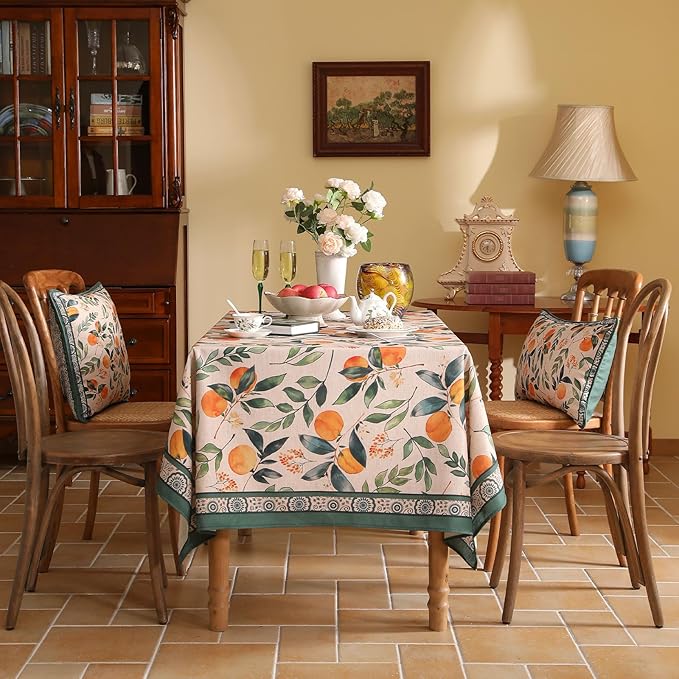 patdrea Designer Vintage Linen Long Rectangle Table Cloth,Framhouse Oranges and Leaves Pattern French Tablecloth,Fall Decor Cover for Kitchen Dining Christmas,Thanksgiving,63"x94"-Palladin a