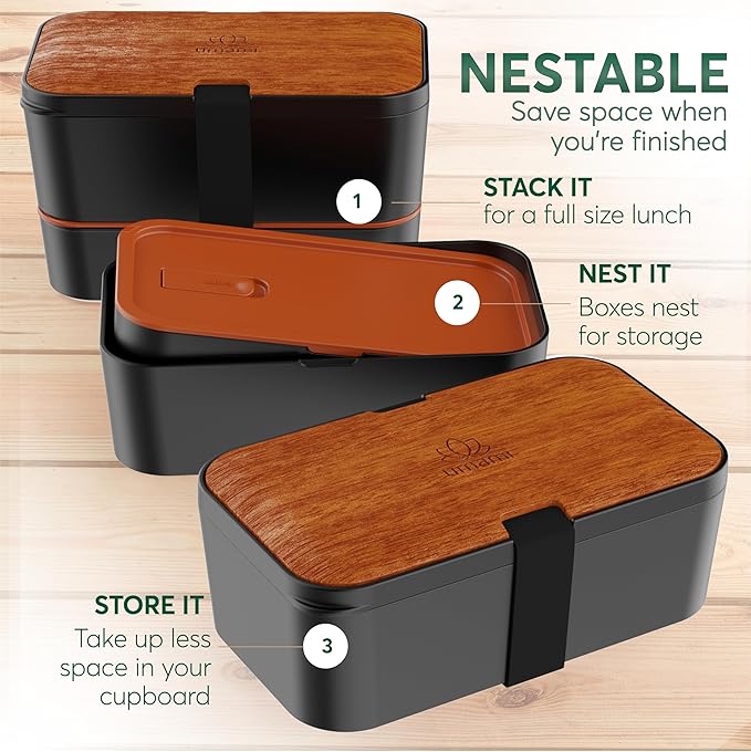 Umami Premium Lunch Box Containers w/ 4 Utensils, 2 Sauce Jars, Nestable Space-Saving Bento Box Adult, 100% Leakproof, Microwavable Lunch Containers for Adults, Sapele Black, 50 oz