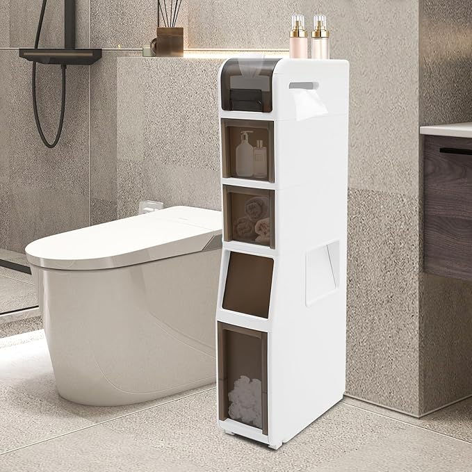 Slim Waterproof Narrow Bathroom Cabinet with Trash Bin Compact Design with Drawers and Toilet Paper Holder Movable Bathroom Organizers for Small Spaces (5Tier/37.8in H)