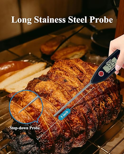 Wisebee Meat Thermometer Digital, Instant Read Food Thermometer with Stepdown Probe| IPX7 Waterproof| Hold Function| High Accuracy| Fast Response for Cooking, Liquid, Kitchen (Black)