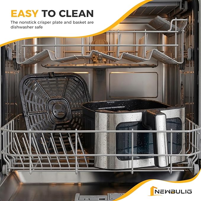 NEWBULIG Air Fryer 6.34QT, Airfryer with Visible Window, 400℉ Fast Heating Air Fryers Oven with Nonstick and Dishwasher-Safe Basket, 8-in-1 Cooking Preset, Timer，Auto-Off, Stainless Steel, White