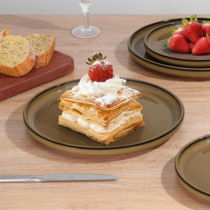 E-far Stoneware Dinnerware Sets for 6, 18 Pieces Reactive Glaze Plates and Bowls Sets, Elegant Dishes with Rustic Terracotta Clay Base, Dishwasher & Microwave Safe, Scratch Resistant, Deep Camel