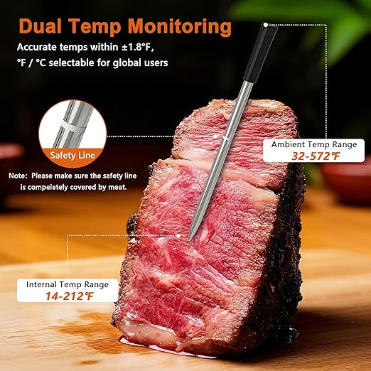 Niitawm Bamboo Dual Probe Wireless Meat Thermometer, Bluetooth Meat Thermometer Digital Wireless App, Long Range Temp Air Fryer Thermometer, Oven Thermometer, Food Grilling Accessories, Cooking Gifts