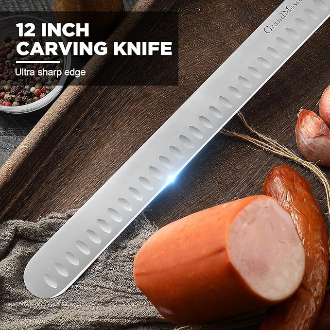 Carving Knife, 12 Inch Slicing Knife for Meat, Premium German Steel with ABS Handle, for BBQ Brisket Turkey Ham Rib Roast Beef with Sharpener.