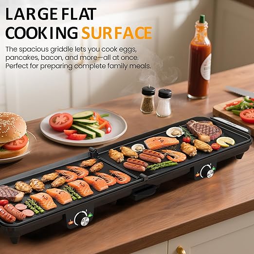 Electric Griddle Indoor, 1600W Large Flat Top Grill with 17.5" x 9" Nonstick Plates, 2 Cooking Zone with Adjustable Temp, Pancake Egg Maker with Drip Tray, Indicator Light