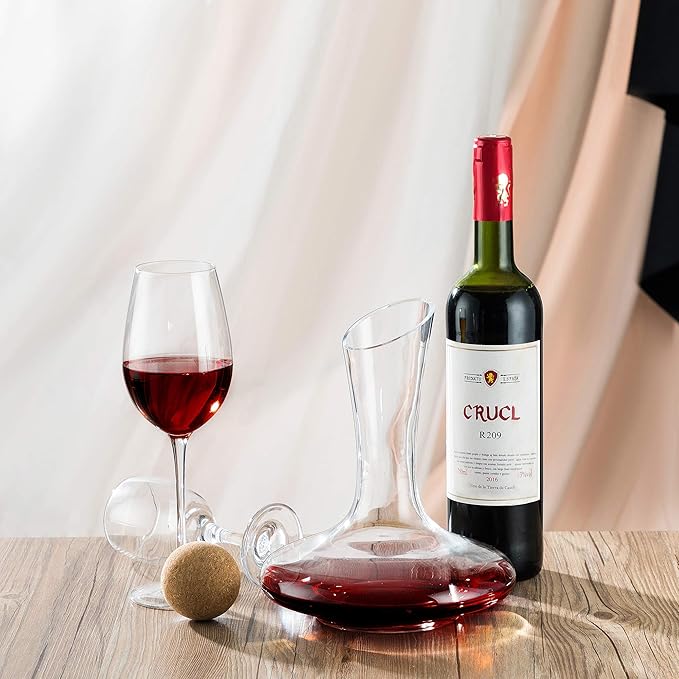 YouYah 100% Crystal Wine Decanter Set with Stand, Stopper, Brush and Beads - Red Wine Carafe - Hand-blown - Gift and Accessory