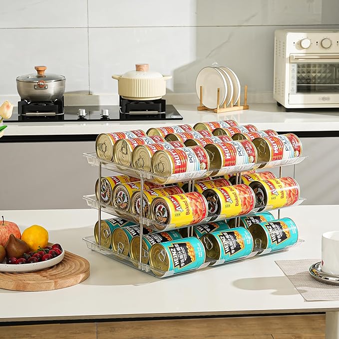 Amllas Can Organizer for Pantry, Stacking Can Storage Organizer Pantry, Automatic Rolling Can Rack for Fridge, 2Tire 3 Columns Can Holder for 24 Cans, Canned Goods Organizer