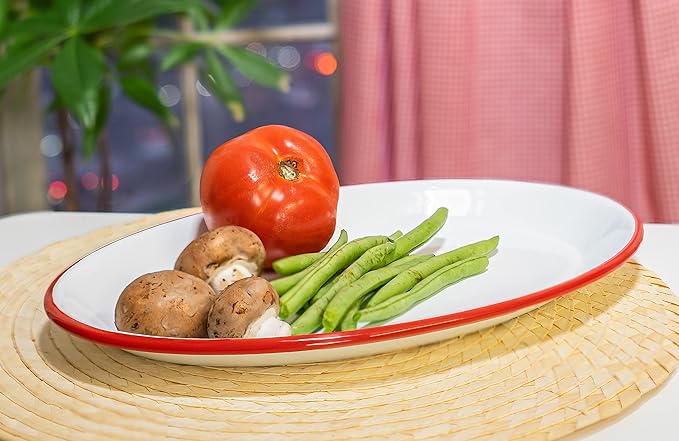 Red Co. Set of 4 Enamelware Metal Classic 13" Serving Oval Tray Platter, Solid White/Red Rim