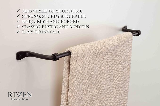 RTZEN Matte Black Hand Towel Holder for Bathroom - Handcrafted Farmhouse Wrought Iron Metal Kitchen Bar - Small Hand Towel Bar Hanger for Home or Office - Wall Mounted Rack Fits 10" Towels