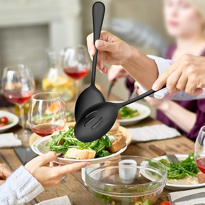 LIANYU 9-Piece Large Black Serving Utensils Set, 9.8 Inch Stainless Steel Buffet Serving Spoons Forks and Tongs Set, Ideal for Party Catering, Mirror Finished, Dishwasher Safe