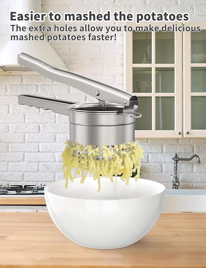 Livilord Large 15oz Potato Ricer, Heavy Duty Stainless Steel Ricer for Mashed Potatoes, Sweet Potato Masher Kitchen Tool with Ergonomic Handle, Press and Mash Kitchen Gadget, Silver