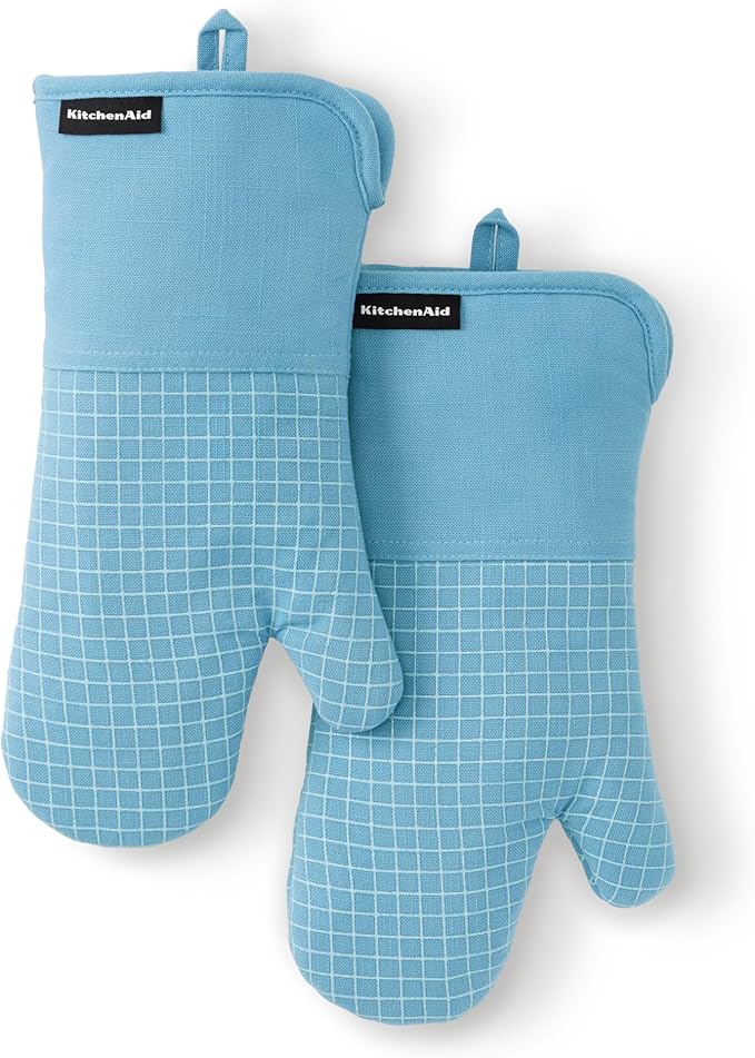 KITCHENAID Gourmet Series Gridlines Oven Mitts 2-Pack Set, Heat Resistant up to 600°F, Soft Silicone Grip, Magnetic Cuff, Blue Velvet, 7"x14"