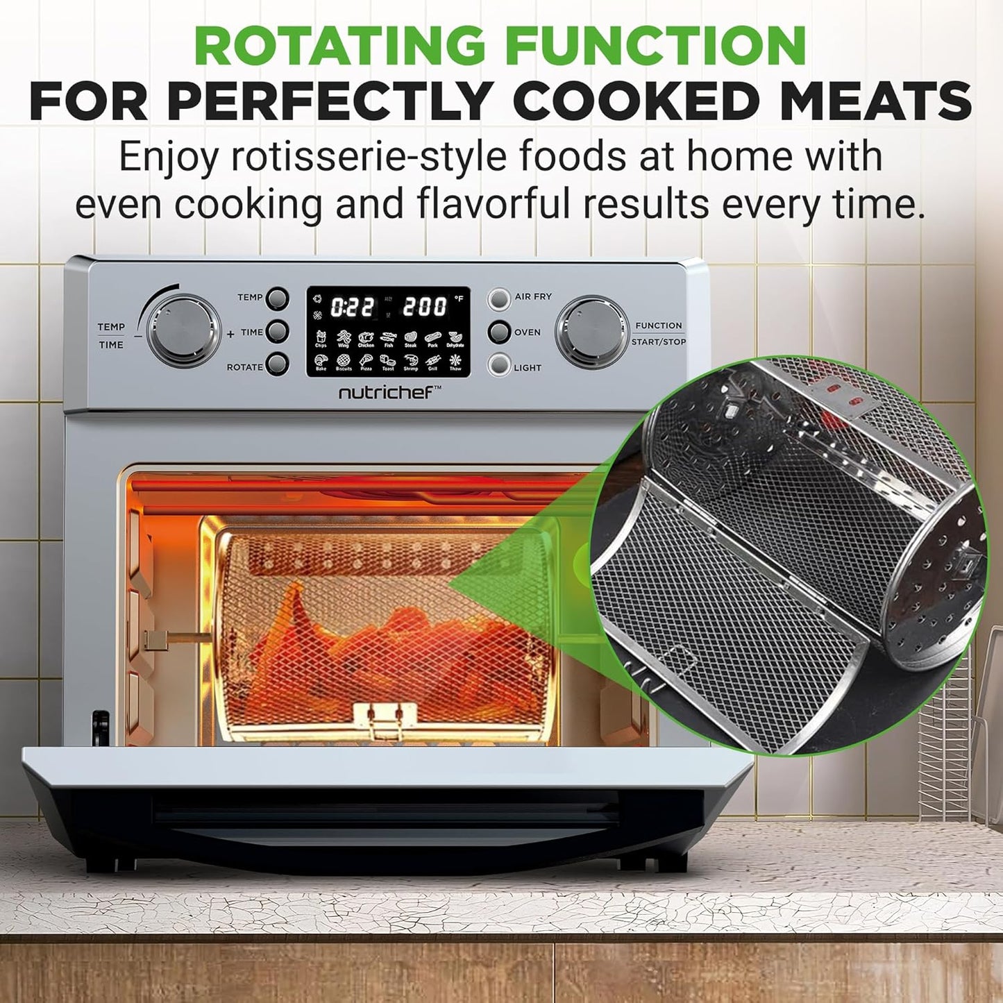 NutriChef 26L Electric Air Fryer Oven | 1700W Countertop Rotisserie & Air Fryer | 360° Rotating Feature | 10 Digital Menu Presets | Includes Drip Tray, Air Frying Basket & Bake Rack 15x16x14 (Silver)