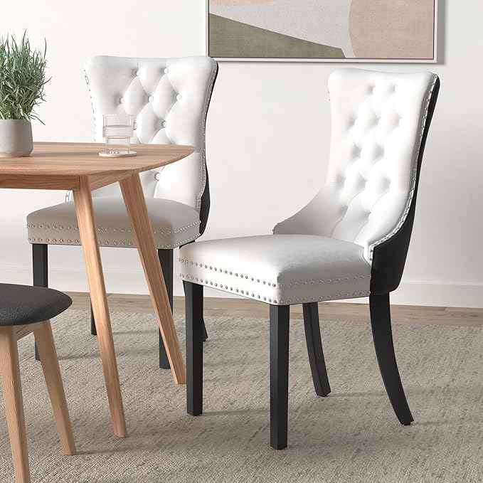 Dining Room Chairs Set of 4, Upholstered Dining Chairs with Back Ring Pull Trim and Solid Wood Legs, Modern Tufted Kitchen Chairs for Dining Room, White Pu Leather Splicing Black Velvet