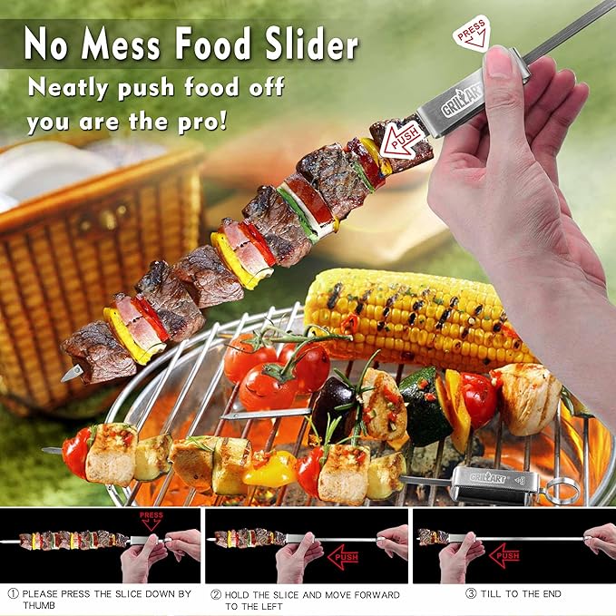 GRILLART Kabob Skewers for Grilling - Metal Skewer for Kabobs with Slider - Flat BBQ Skewer Stainless Steel - 17" Shish Kabob Grill Skewers & Ideal Kabob Sticks for Meat Shrimp Chicken Veggie (10PCS)