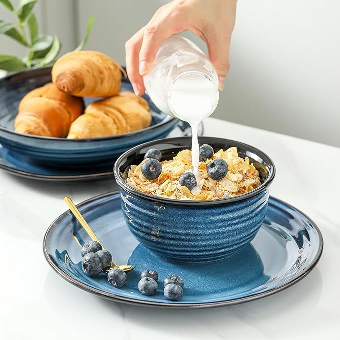 Hasense Ceramic Plates and Bowls Dishes Set, 12 Pieces Handmade Reactive Glaze Dinnerware Set of 4 (Plates, Pasta bowls, Cereal Bowls), Chip and Scratch Resistant Dinner Dishes Service, Blue