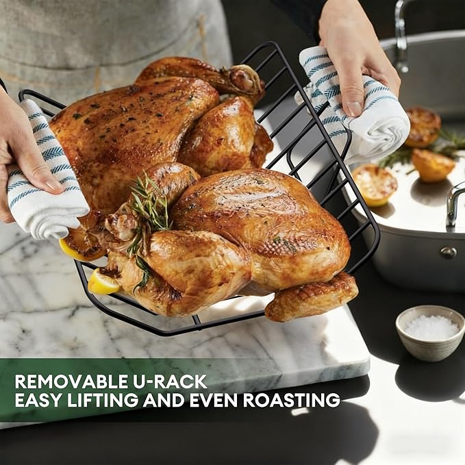COOKER KING Stainless Steel Nonstick Roasting Pan with Rack, 18.27x14.84 Inch Roaster Pan for 25 lb Turkey & Chicken, Oven Safe Up to 900°F, Compatible with All Cooktops (Rectangular, Large)