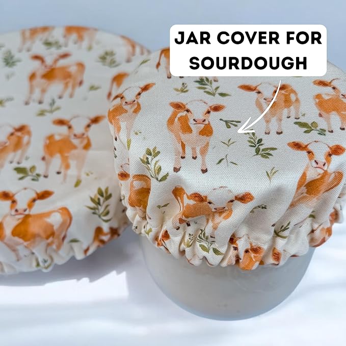 (4-Pack) Sourdough Reuseable Jar & Bowl Covers | Cute Baking Gift | 100% Cotton | Washable | Bread Proofing | Kitchen Food Storage Gifting | Starter Cover Lid Kit (Jersey Cow)
