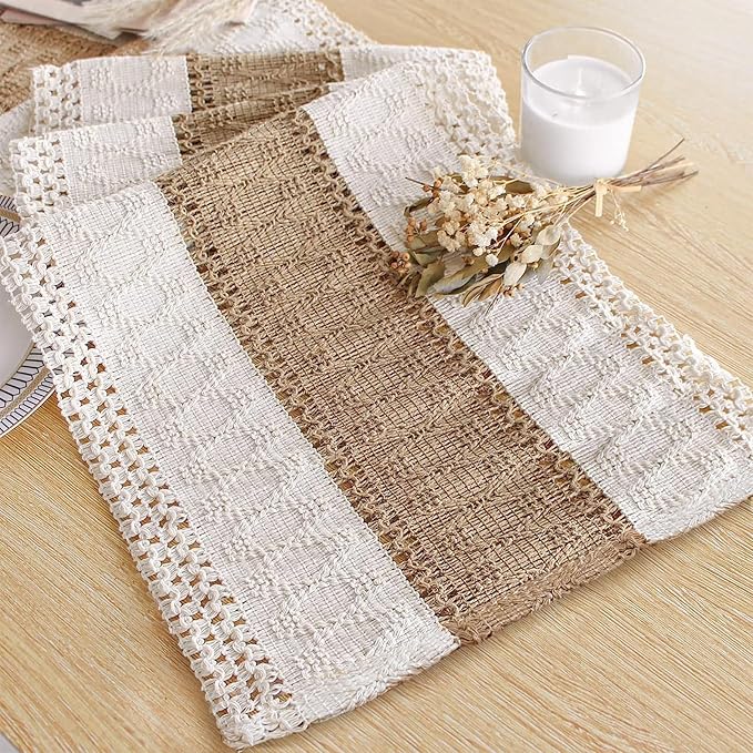 FEXIA Boho Table Runner for Thanksgiving Home Decor 48 Inches Long Farmhouse Rustic Table Runner Cream & Brown Macrame(Without Tassel) for Dining Bedroom Decor Rustic Bridal Shower (12x48 Inches)