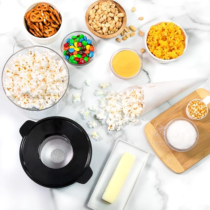 Nostalgia 8-Cup Hot Air Popcorn Maker & Bowl - 2-In-1 Bowl & Lid, 2 oz Measuring Cup - Oil-Free Pop Corn for Movie Night, Snacks, Birthday Parties, and More - White