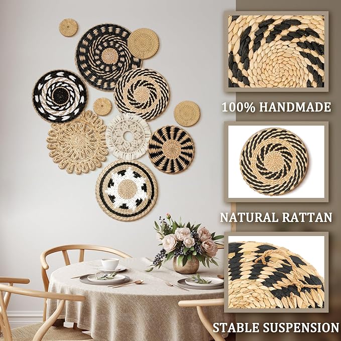 Tatuo 11 Pcs Boho Wall Basket Decor Bulrush Woven Wall Hanging Art Round Farmhouse Rustic Handmade Wicker for Summer Home, Bedroom, Living Room, Kitchen Decorations, Multi Sizes(Boho)