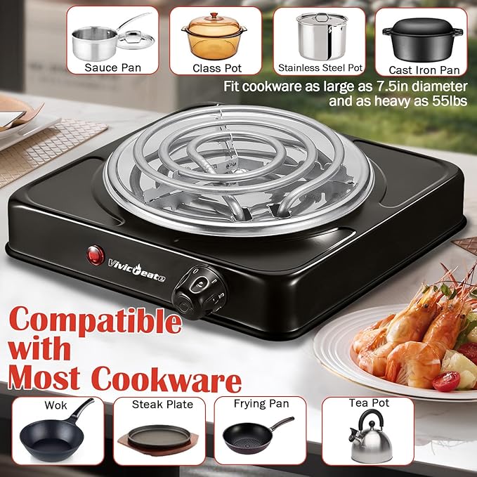Vivicreate Electric Hot Plate, Portable Countertop Electric Cooktop, Adjustable Temperature Control, 110V Extra Burner for Apartment, Dorm, RV, Small Kitchen (Single Coil Burner)