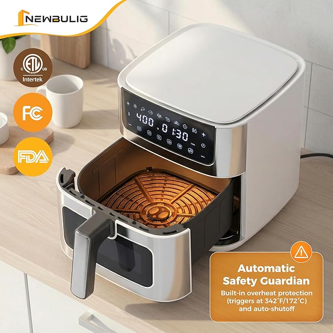 NEWBULIG Air Fryer 6.34QT, Airfryer with Visible Window, 400℉ Fast Heating Air Fryers Oven with Nonstick and Dishwasher-Safe Basket, 8-in-1 Cooking Preset, Timer，Auto-Off, Stainless Steel, White