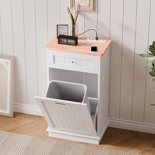 Betterhood Double Tilt Out Trash Cabinet with Power Outlet, 10 Gallon Trash Cabinet with Storage,Pet Proof Trash Can with 2 AC & USB Sockets for Kitchen,Living Room (White, Single Door)
