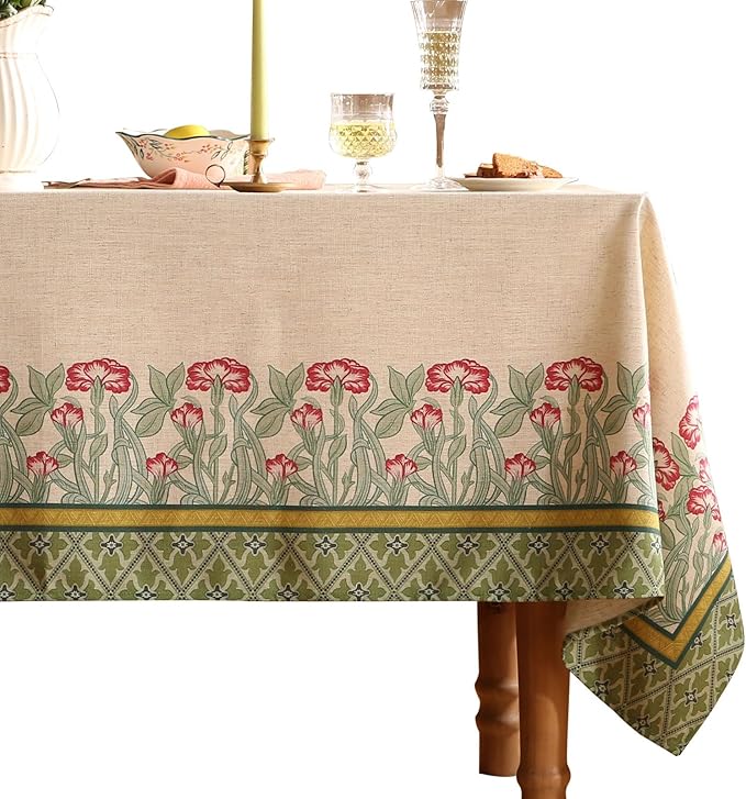patdrea Designer Green Long Rectangle Table Cloth,Vintage Linen Leaves Pattern Tablecloth,Floral Cover Colorful Decor for Kitchen Dining Christmas,Tea Party,Thanksgiving,63"x102"-Cecilia D