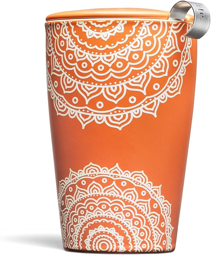 Tea Forte Double-Walled Ceramic Kati Cup, Removable Stainless Steel Infuser Basket and Lid, Steeps 12 oz Loose Leaf Tea, Dishwasher & Microwave Safe, Gifts for Mom, Chakra