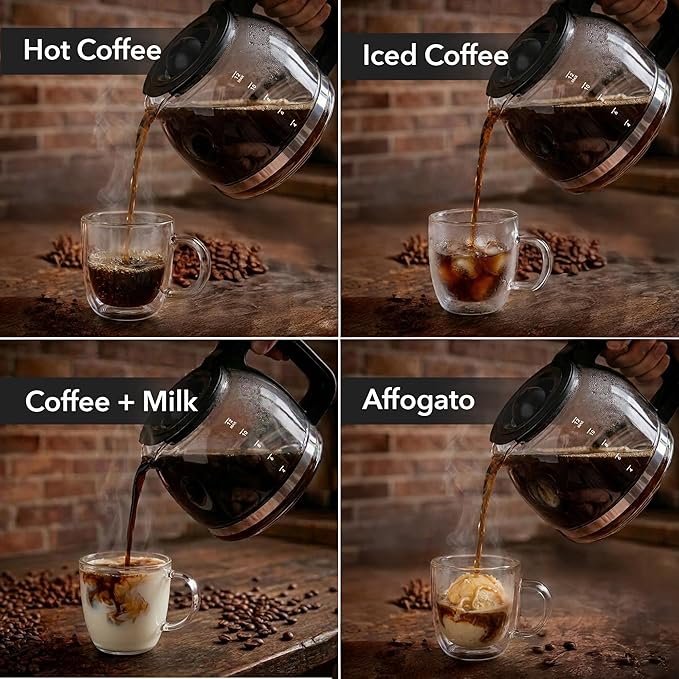 OVENTE 12-Cup Drip Coffee Maker with Borosilicate Glass Carafe, One-Touch Operation Machine, Anti-Drip System, Reusable Filter and Clear View Water Level Gauge, Ideal for Home or Office, Black CM412B