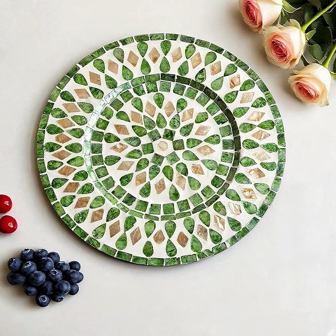 13 Inch Mother of Pearl Shell Placemat Plate – Large Round Decorative Heat for Table or Kitchen, Cabinet, Tabletop (Green Water Drop, 13 Inch)