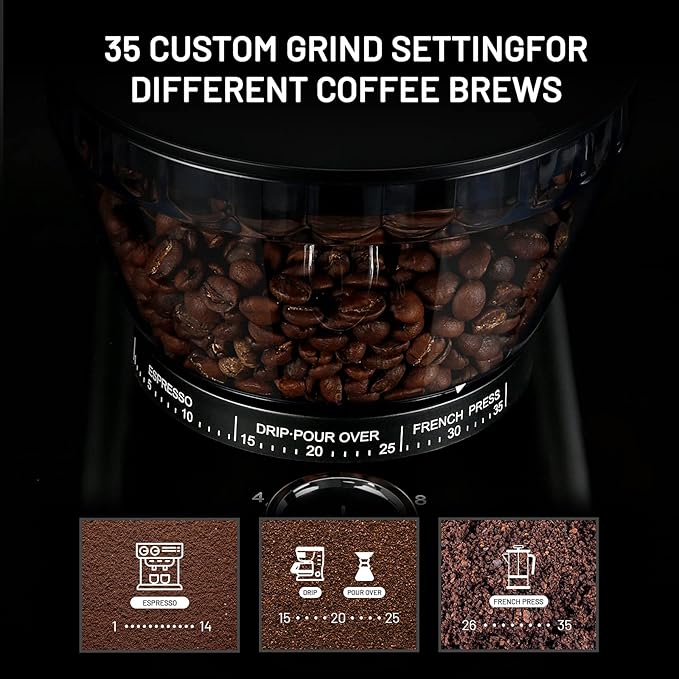 Secura Brands Conical Burr Coffee Grinder Electric Espresso Coffee Grinder with 35 Ajustable Precise Grind Settings for 2-12 Cup 8.8 Ounce Coffee Bean Storage