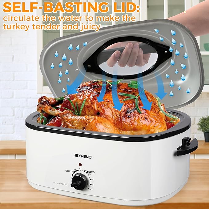 22 Quart Electric Roaster Oven with Visible & Self-Basting Lid, Large Turkey Roaster with Defrost Warm Function, Adjustable Temperature, Removable Pan Rack, Stainless Steel