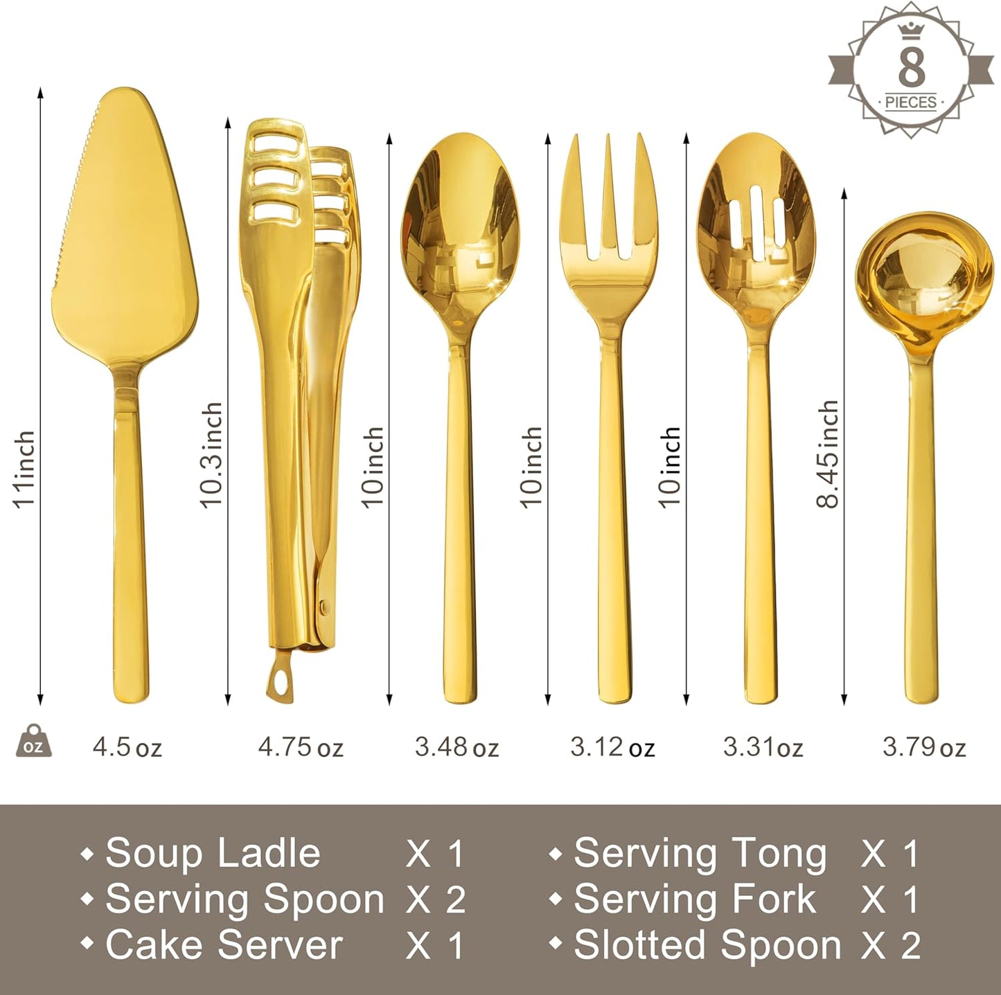 KINGSTONE Large Hostess Serving Utensils Sets,18/10 Stainless Steel Heavy Duty 10inch Serving Spoons,Slotted Spoons,Serving Fork,Serving Tongs, Cake Pie Server For Buffet, Wedding, Party, Gold