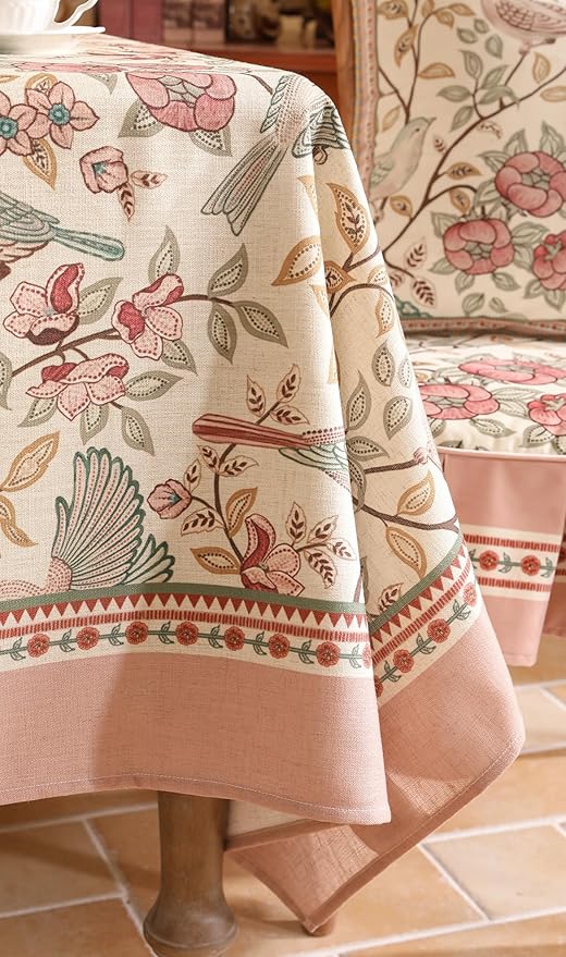 patdrea Designer Pink Linen Table Cloth for Rectangle Table,Vintage Floral with Birds Pattern Decorative Tablcloth,French Table Cover for Kitchen Dining,Thanksgiving,Christmas,67"x118"-Kulom a