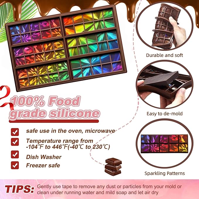 Ziliny Windmill and Diamond Holographic Chocolate Bar Mold Silicone, Rainbow Light Effect Chocolate Bar Deep Thick Molds for DIY Candy Dessert Baking, Candy, Wax Melts, Cake Decoration (Square)