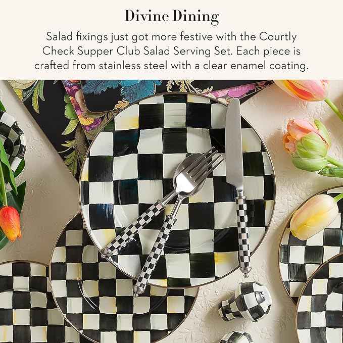 MACKENZIE-CHILDS Supper Club Salad Serving Set, Fork and Spoon Salad Servers, Decorative Kitchen Serving Utensils, Black-and-White Courtly Check