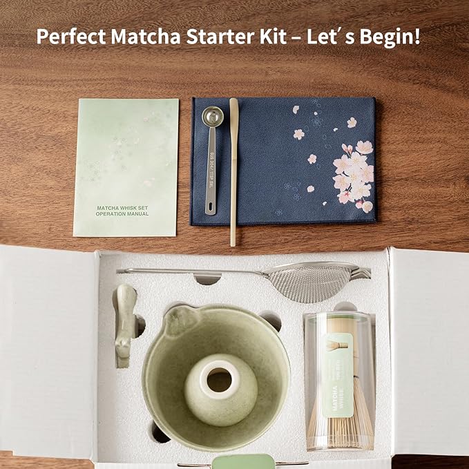 8 Pcs Matcha Whisk Set - HTRCXB Matcha Set with Ceramic Bowl, Bamboo Whisk & Holder, Scoop, Sifter, Measuring Spoon, Scoop Rest & Tea Towel, Complete Gift Kit for Beginners & Tea Lovers