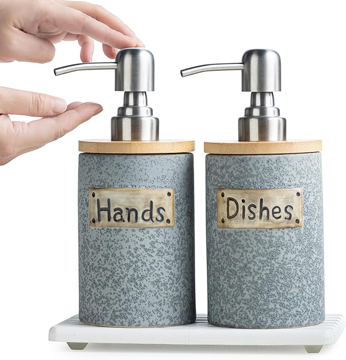 Hand and Dish Soap Dispenser Set, Ceramic Kitchen Soap Dispenser for Bathroom Lotion, Body Wash, Includes Instant Dry Tray, Collapsible Funnel, 15 Oz, Gray