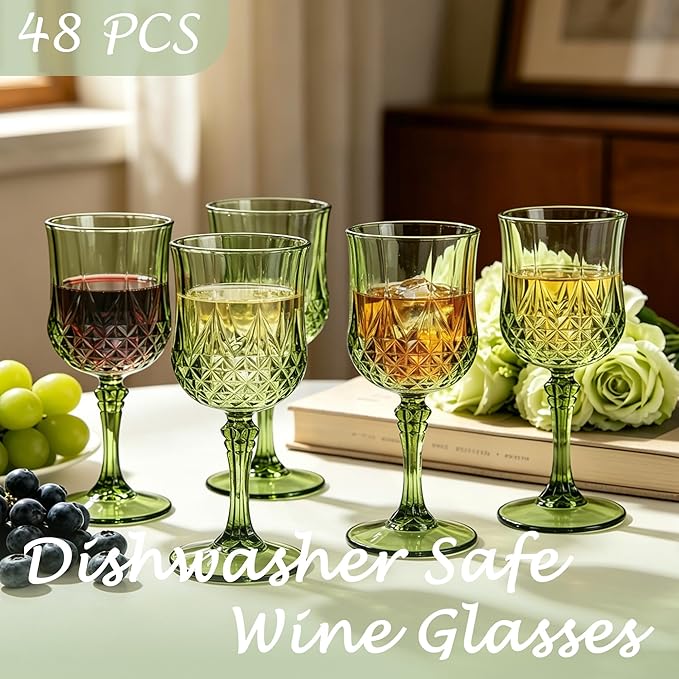 Plastic Wine Glasses, Plastic Goblets Vintage Style Cordial Unbreakable Drinking Glasses, Reusable Drinkware for Wedding Reception, Grand Event Party Supplies (48, New Green)